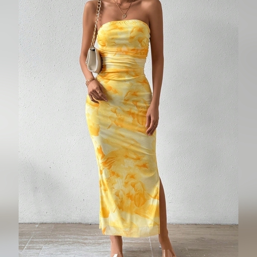 Tie Dye Strapless Dress With Side Slit Hem - Picture 1 of 4